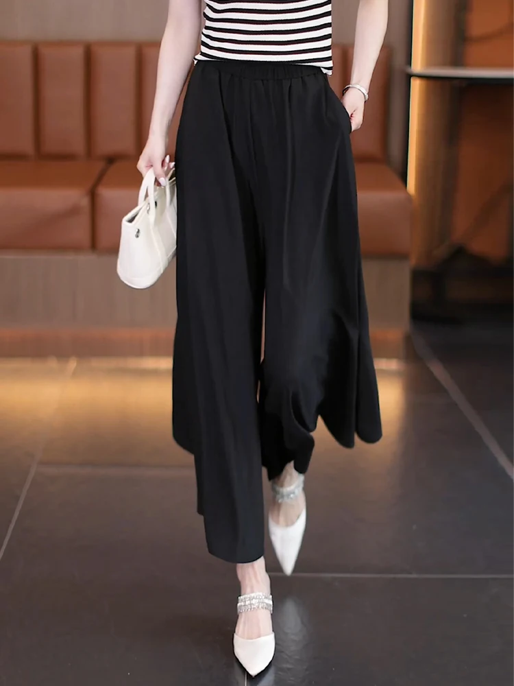 

Ice Silk Wide Leg Pants Women's Summer Thin High Waist Casual Loose Drapey Nine Points Skirt Pants Dreamy Elegant Casual Style