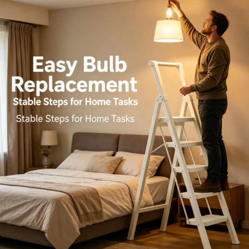 Household Folding Ladder Four Step A Shape White Metal Structure With Handrail Non Slip Wide Pedal For Indoor Home Office Use
