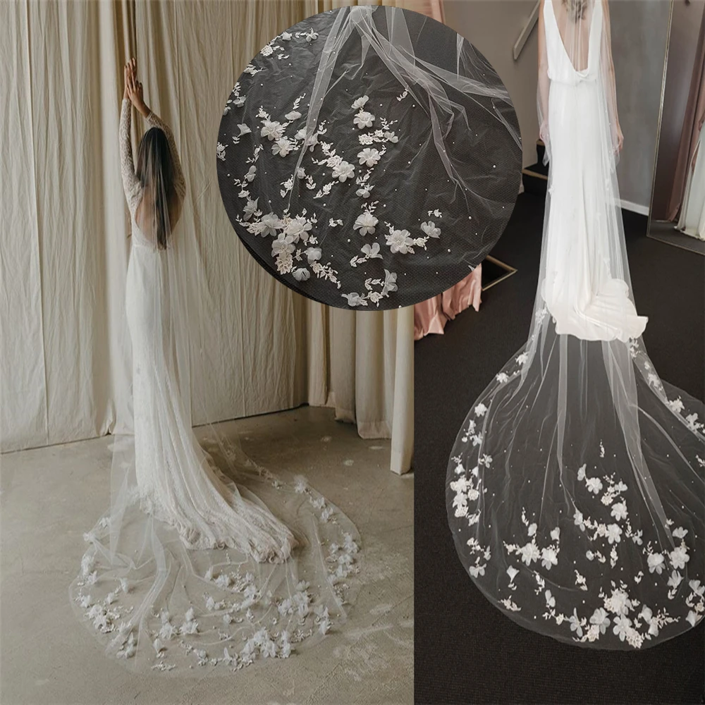 

3D Flowers Wedding Veil with Pearls Bridal Veils Long Train Bridal Shower Veu of Bride 3 Meter Veu de Noiva V52