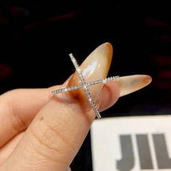 GRA Fashion Zircon Simple Personalized X shaped Platinum Ring for women Party Real 925 Sterling Silver High Quality Fine Jewelry