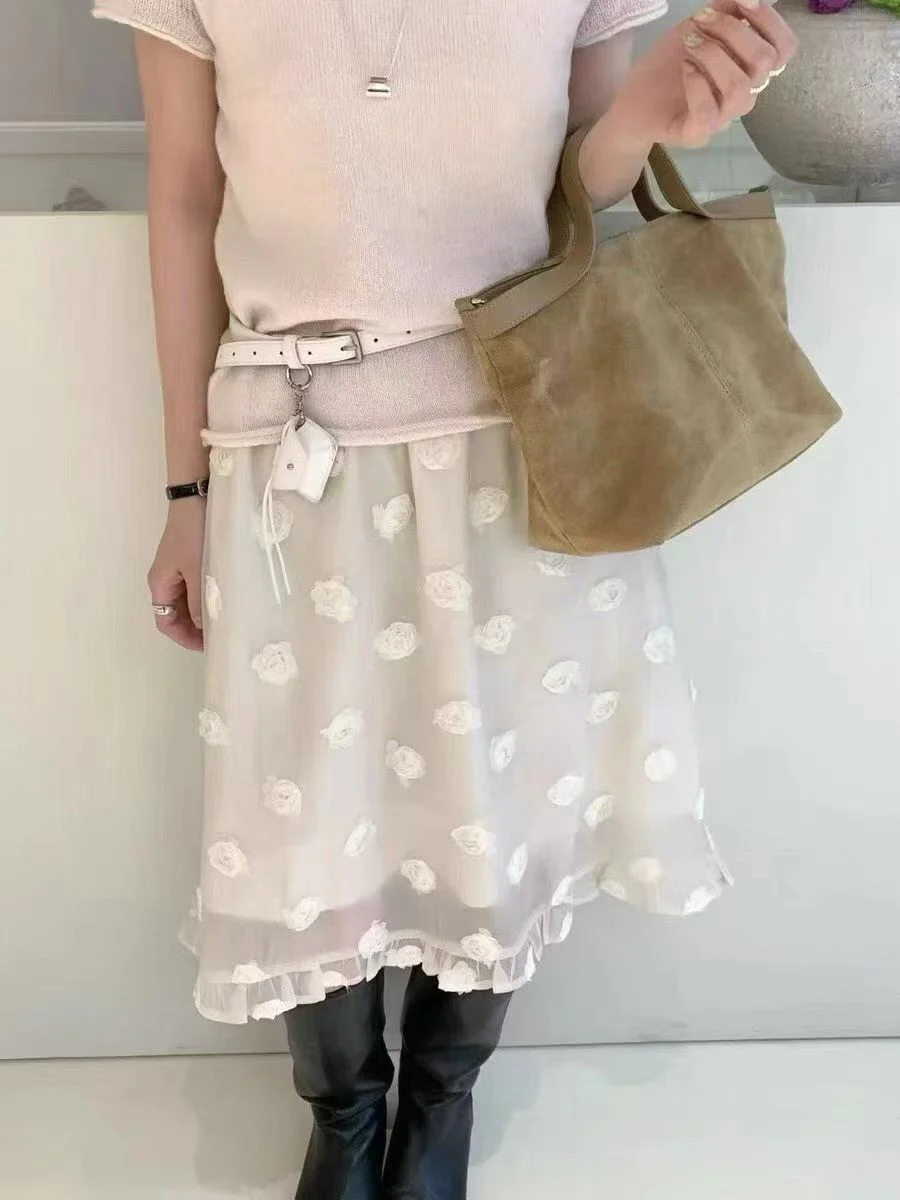 Elegant Heavy Embroidery Rose Flower Half Skirt Summer Elastic Waist Mesh Straight Hem Midi Skirt Gentle Soft Sweet Style