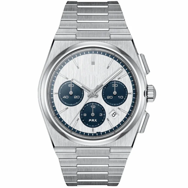

Men's PRX Style Stainless Steel Quartz Chronograph Watch Blue Subdials Silver Bracelet Date Display Sport Casual Wristwatch