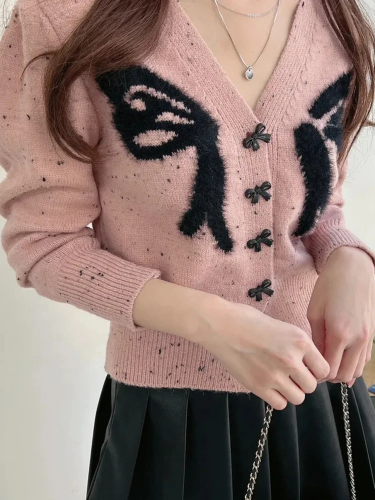 New 2024 Autumn Croped Sweaters Women Single Button Butterfly Black Red Or Pink Cardigan Women Korean Style Knitted Tops Jumpers