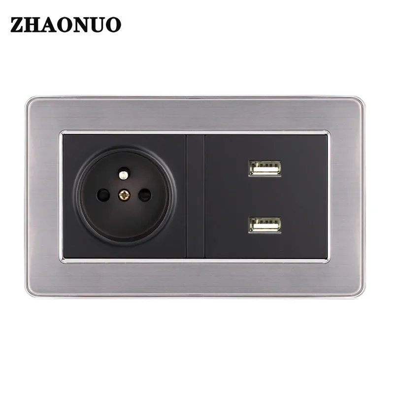 

French Standard USB Socket 146 Type Stainless Steel Panel Wall Concealed Usb Outlet Wall Electrical Socket 16A 110-250V