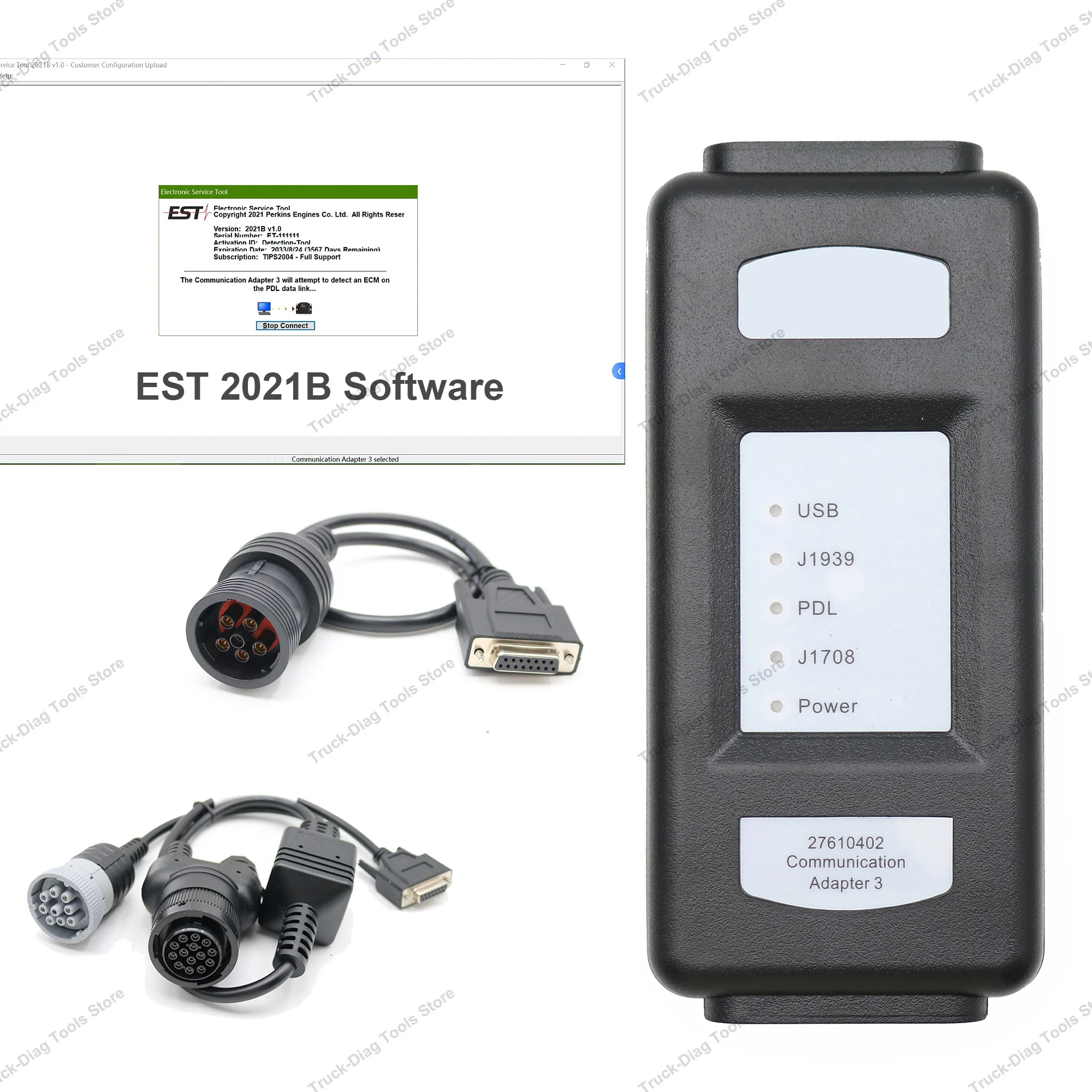 EST 2026A For Perkins Diagnostic Tool Excavator Truck Boat 27610402 27610401 Communication Adapter 3 with 9+14pin Ethernet Cable