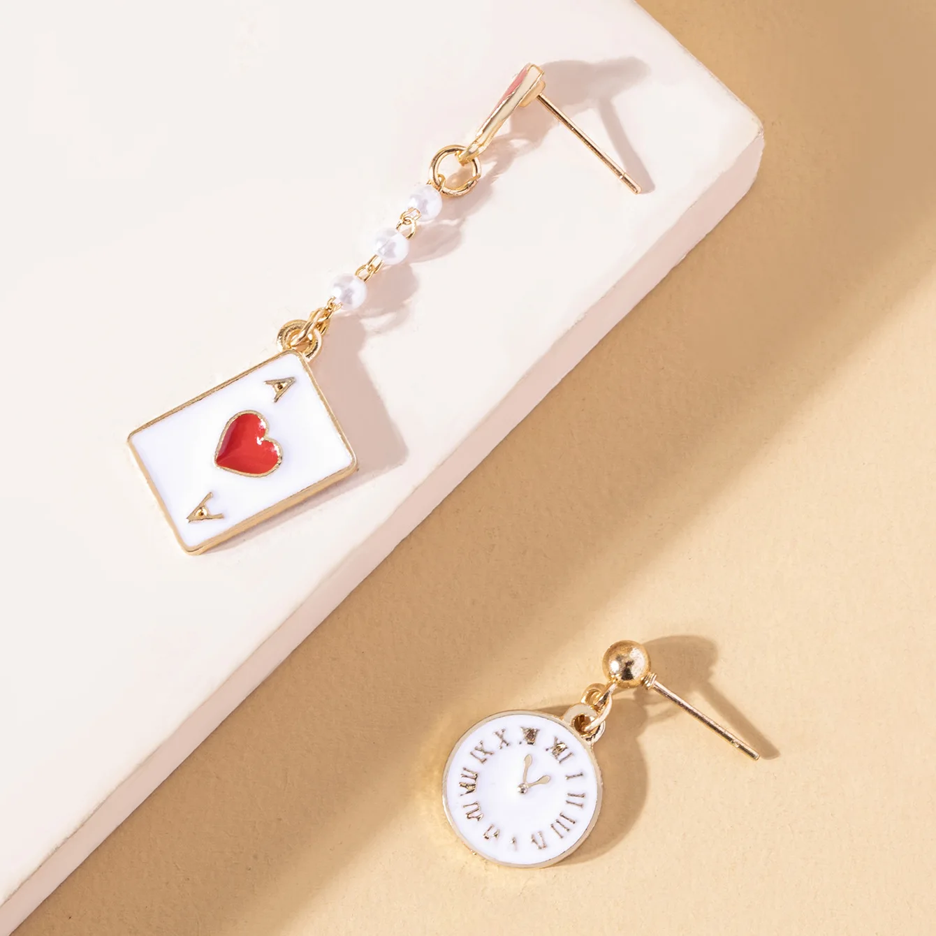 Asymmetric Clock Playing Card Earrings for Women Girls Red Heart Spade Poker Pendant Ear Accessories Jewelry Gifts