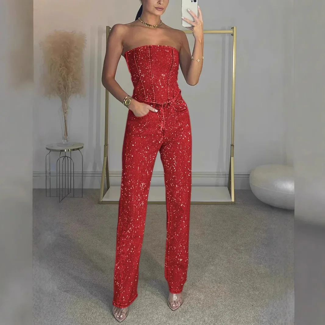 2025 Summer Sequined Denim Tube Pants Women Sexy Outfit Sleeveless Backless Crop Top Straight Trousers Spring Street Lady Suit