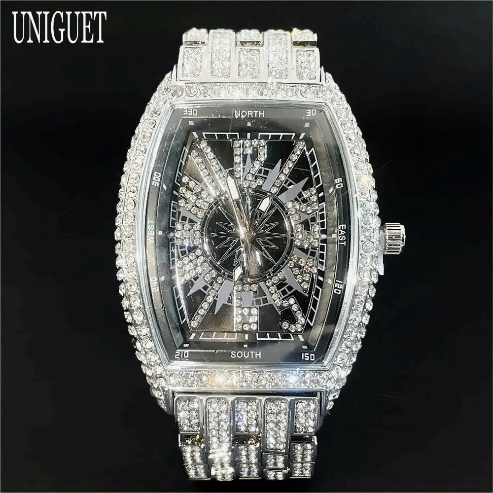 

UNIGUET Fashion Iced Watch For Men Luxury Stainless Steel Quartz Watch Man Hip Hop Diamonds AAA Jewelry Wristwatch 2024 Hot Sell