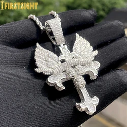 New Iced Out Bling Cross Wings Pendant Necklace Gold Silver Color CZ Cubic Zirconia Angel Charm Men Women Hip Hop Jewelry