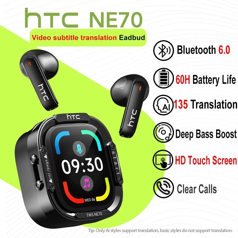 HTC NE70 Wireless Bluetooth Earphones Touch Screen TWS in-Ear AI Translate Earbud Noise Reduction Game Heatset with Mic