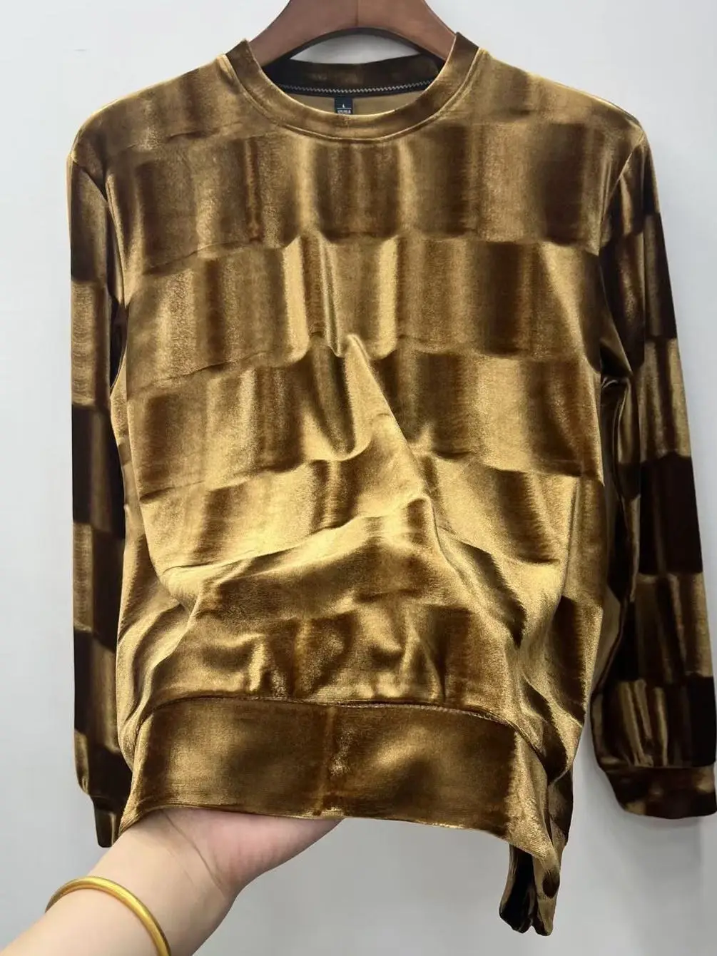 

Мужская толстовка Long Sve Fce, повседневный волнистый узор, базовый слой, топ, золотой бархат, удобная подставка, полиэфирная ткань