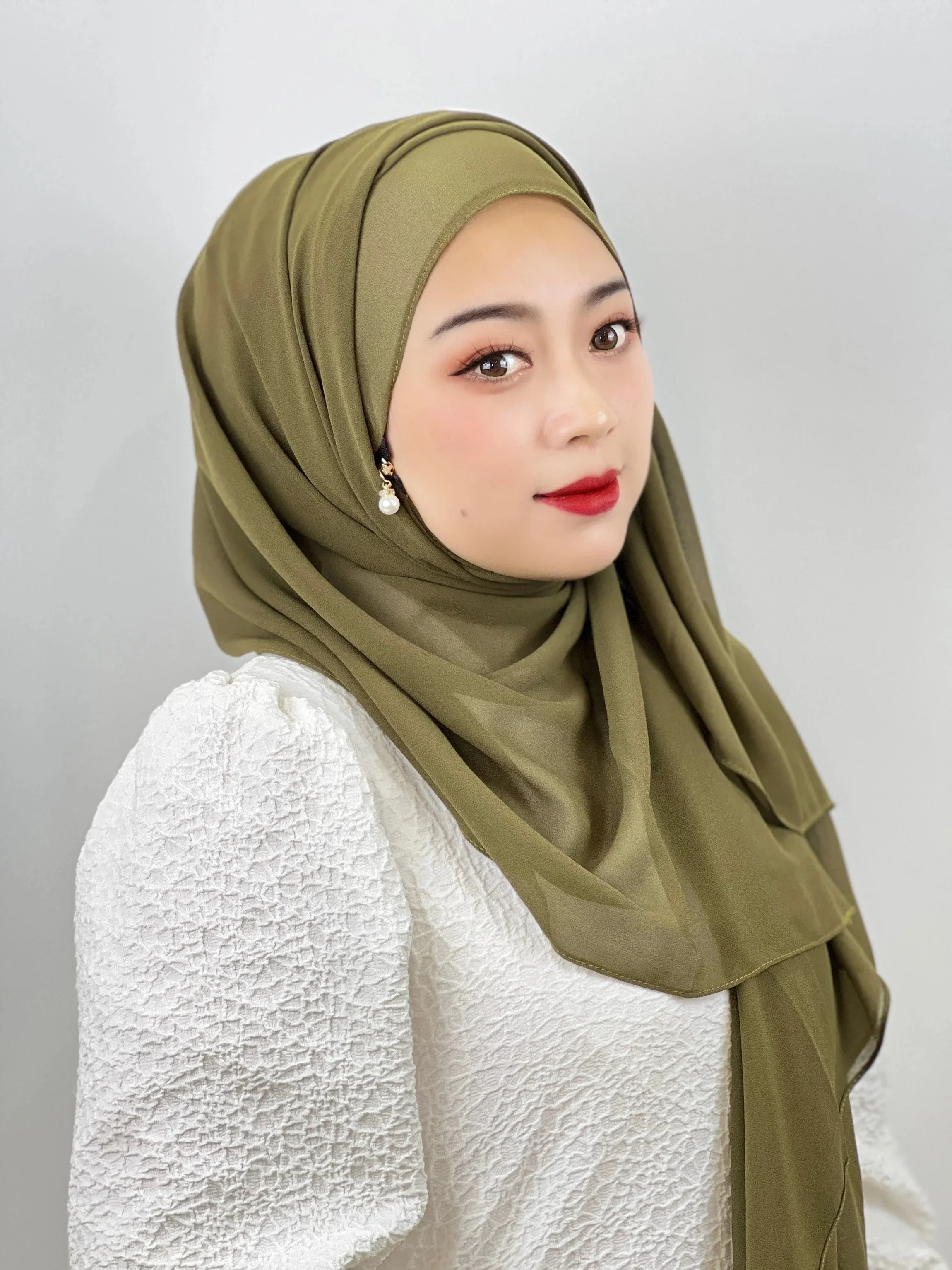 

Muslim Women Vhiffon Hijab with Pearl Zipper Scarf Wrap Head Femme Headscarf Islamic Foulard Shawls Head Hijabs Scarves 71X180cm