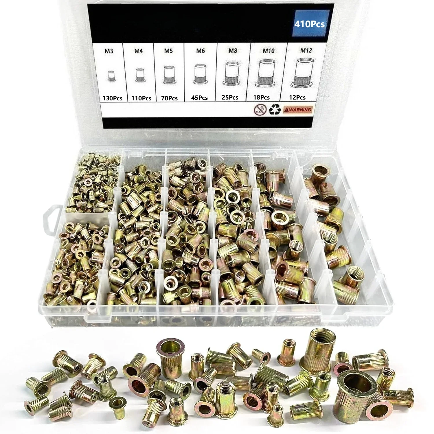 

410Pcs Rivet Nut Kit Metric Rivet Nut Assortment Set M3 M4 M5 M6 M8 M10 M12 Carbon Steel Flat Head Threaded Insert Tool