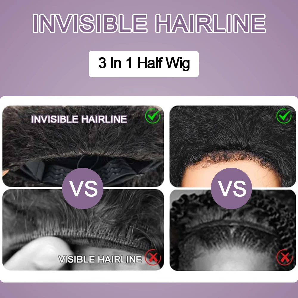 نصف باروكة خصلات الشعر المستعار الإنسان مع الرباط مقاطع سلس الطبيعية الأسود غريب مجعد نصف الباروكات آلة كاملة نصف عقال شعر مستعار