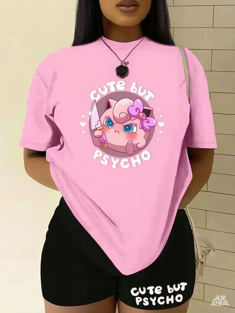 Pokemon Anime Jigglypuff Purple Bow and Knife Printed T-shirt Men's and Women's T-shirt T-shirt 2026 Summer Tee Casual Y2K Tops