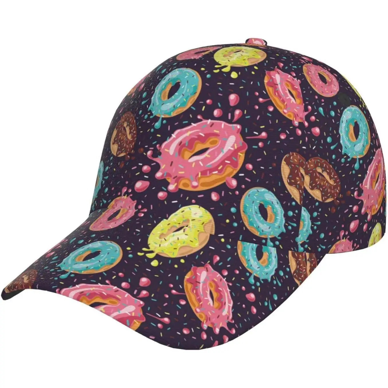 Colorful Glazed Donut Print Playful Sweet Treats Hat Unisex Baseball Cap Adjustable Polyester Snapback Hat for Men Women