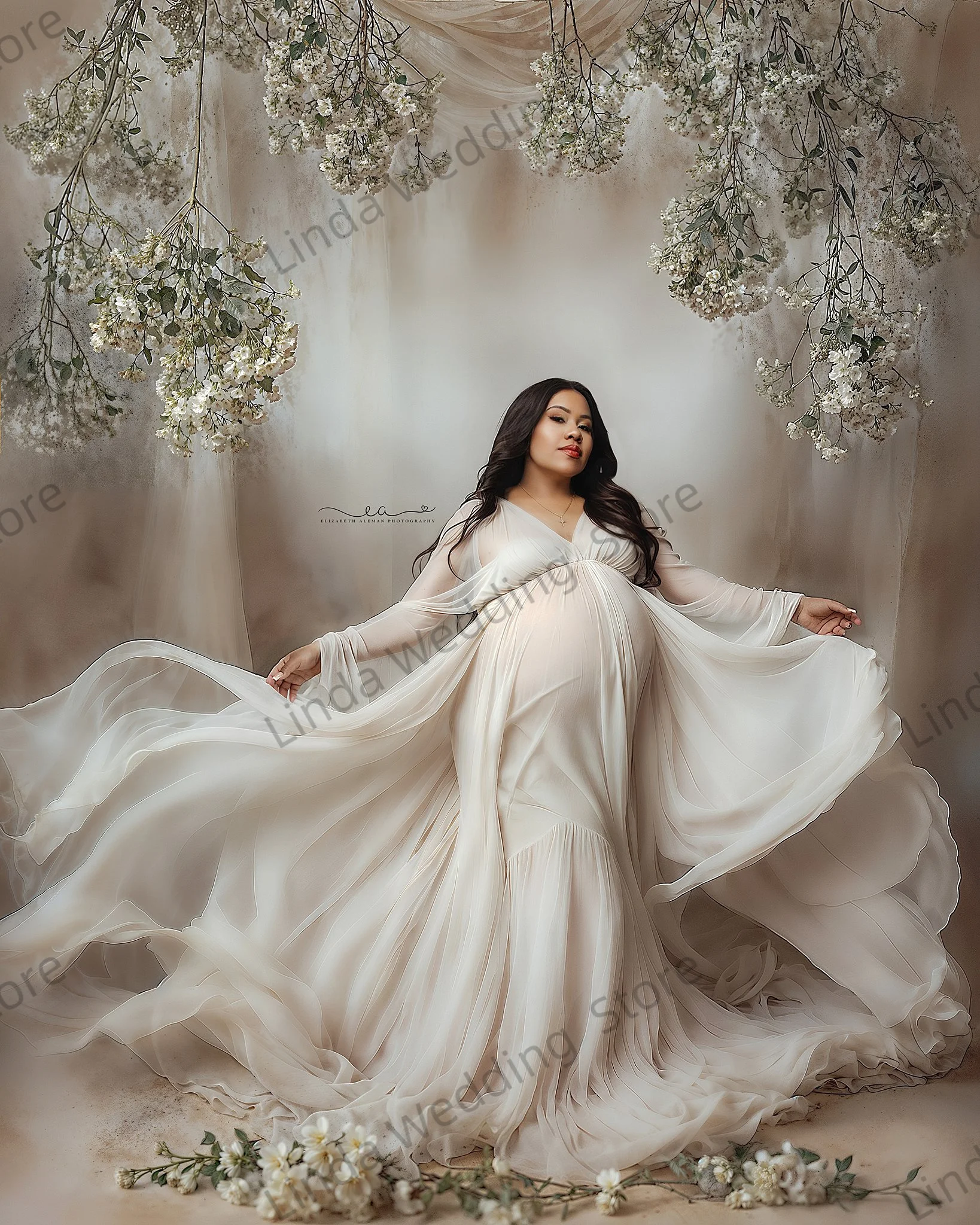 Skromna suknia ciążowa w kolorze kości słoniowej do sesji zdjęciowych, fason A, dekolt w serek, bez rękawów, suknia galowa, szyta na miarę, seksowna suknia ciążowa na baby shower.