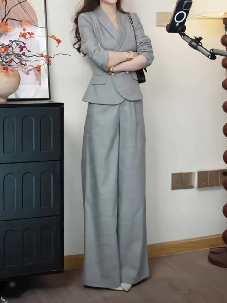 

Fall Season Women's Faionable Two-Piece Set Wide Leg Pants Suit Jaet High Waist Long Sve Anti-Wrinkle Commute Sle