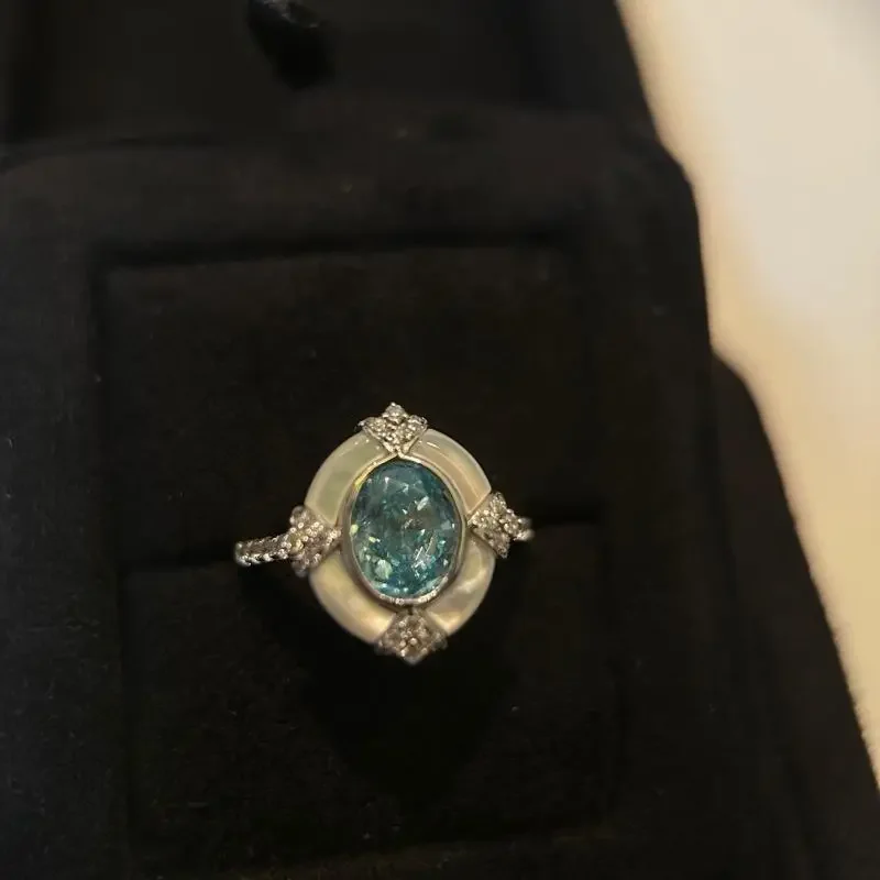 Copper Vintage Palace Style Blue Aquamarine Gemstone Oval White Fritillaria Rings for Women Light Luxury Ring Wedding Jewelry