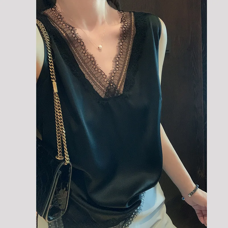 Birdsky ، 1 قطعة الحرير التوت الطبيعي النساء مكتب سيدة الصيف تانك القمم الصدرية الدانتيل الخامس الرقبة الصلبة الألوان ، S-389