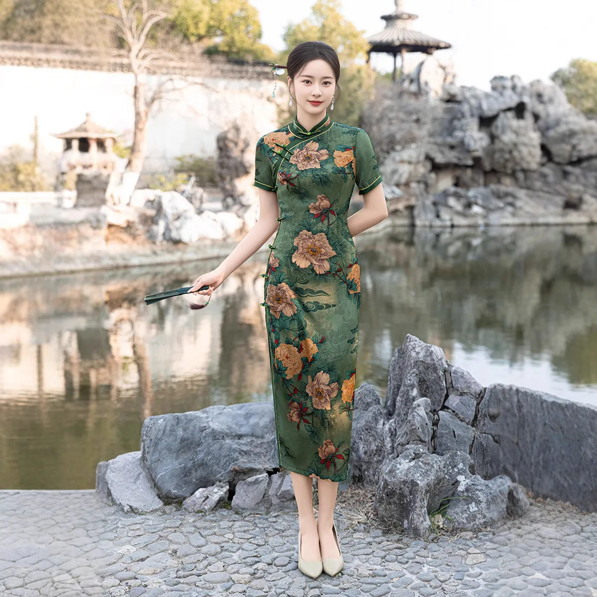 

Fashion Short Sleeve Flower Print Satin Party Qipao Vintage Casual Summer Elegant Traditional Chinese Clothing Cheongsams Dress