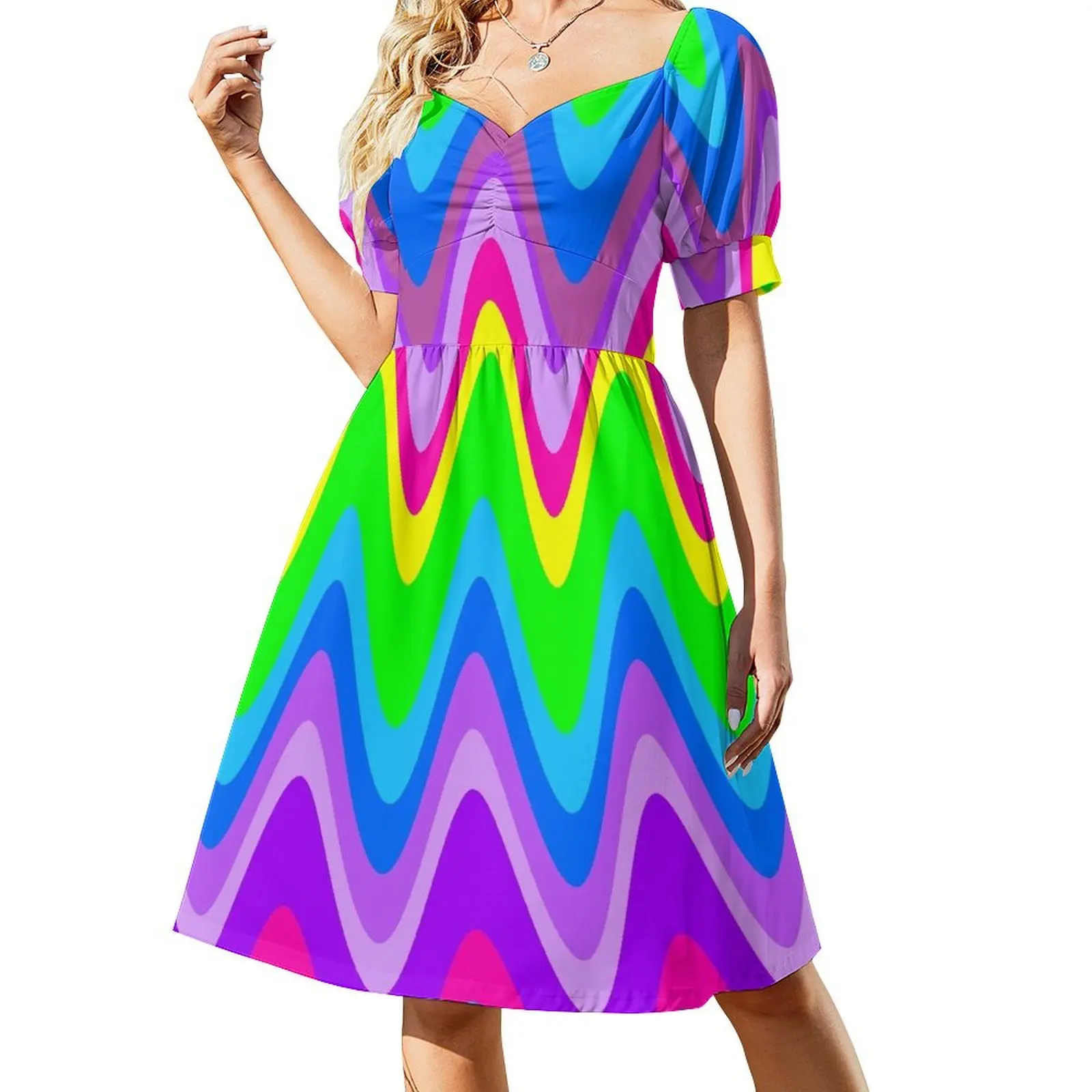 

Groovy Disco Waves - 70s Neon Glow Short Sleeved Dress women dresses sexy dress Dress