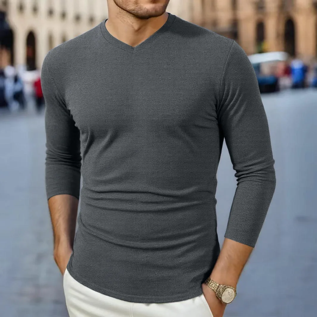 New Men's Business Casual Long Sleeved Solid Color V-neck T-shirt for Autumn and Winter Comfortable Fashionable Versatile Top