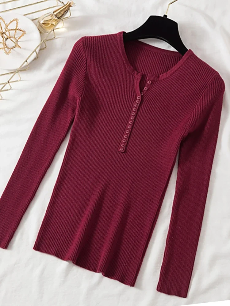 AOSSVIAO 2024 Autumn Winter Button V Neck Sweater Women Basic Slim Pullover Women Sweaters And Pullovers Knit Jumper Ladies Tops