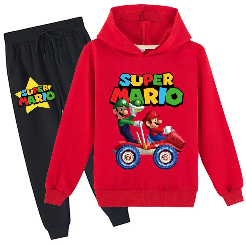 Felpe con cappuccio e pantaloni da jogging alla moda per bambini piccoli Set di tute da 2 pezzi, top novità Super Mario per 2-14 anni (5 colori)
