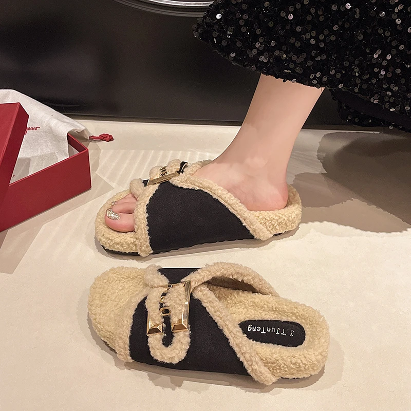New Style Fashionable Women's Slippers Soft Flax Simple Cute Warm Women House Floor Indoor Slides Fur Cross Comfortable Shoes