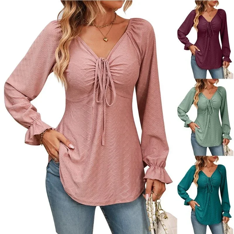 Spring and Autumn New Fashion Solid Color Women's Top Sexy V-neck Female Lace Up Drawstring Waist Long Sleeve T-shirt Pullover