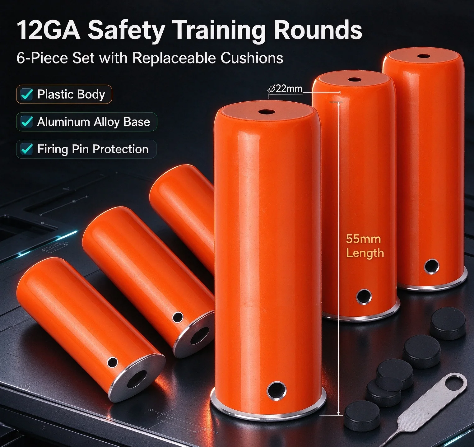 12GA Snap Caps Dummy Shell Set 6Pcs Aluminum Alloy Inert Training Model with Spare Rubber Pads & Repair Tool for Handling Practice 3 Colors Optional.