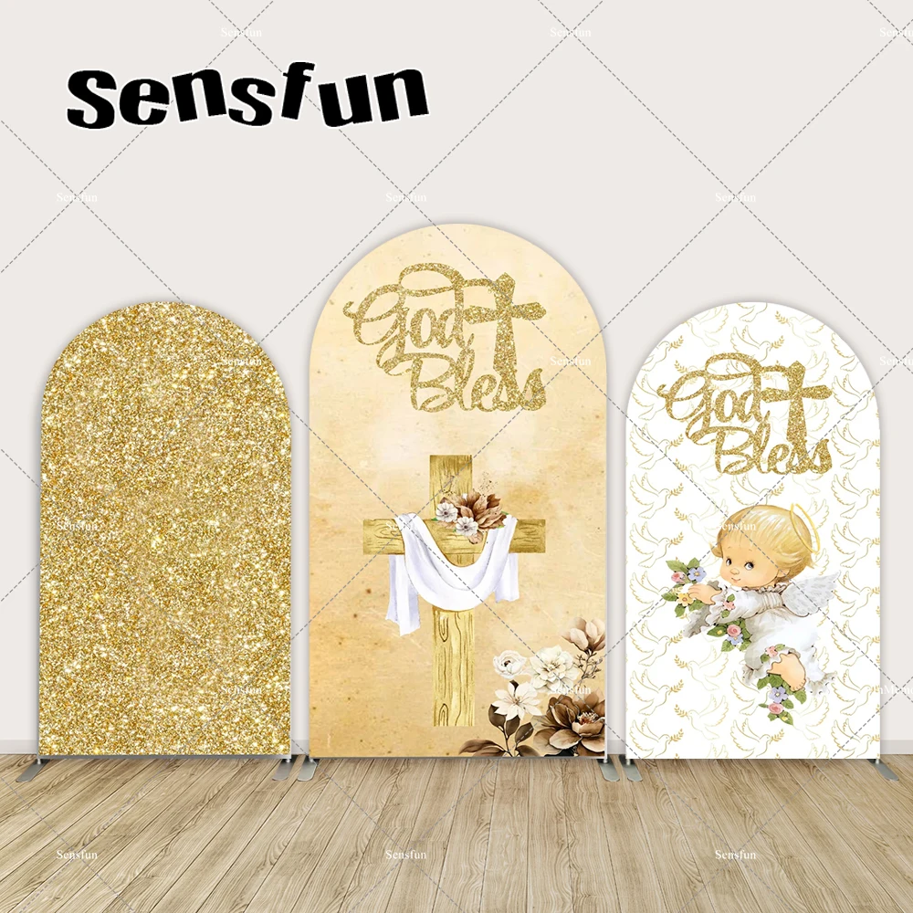 

God Bless Angel Arch Backdrop Mi Primera Communion Chiara Cover Gold Glitter Girls Baptism First Holy Communion Party Background