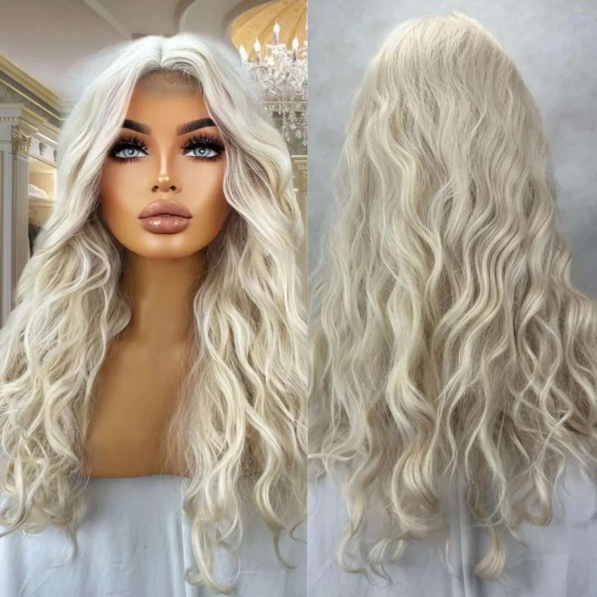 موجة المياه الطويلة الاصطناعية الدانتيل شعر مستعار أمامي أبيض شقراء شعر مستعار أنثى موضة شحن سريع 13*4 الدانتيل الباروكات الاستخدام اليومي تأثيري #2