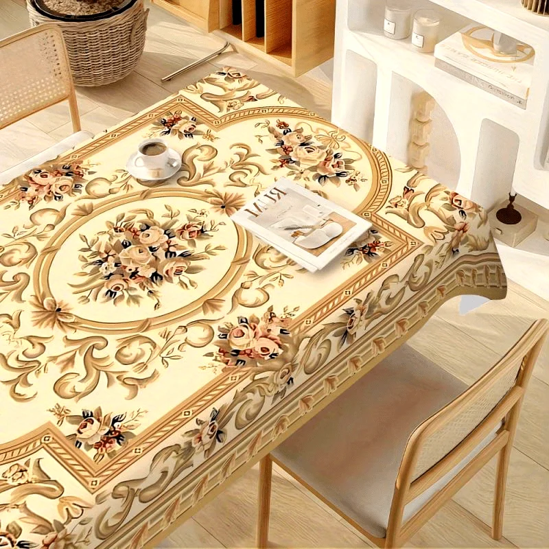 Polyester tablecloth, European vintage-themed tablecloth, symmetrical pattern of flowers and leaves on the tablecloth.PMJ