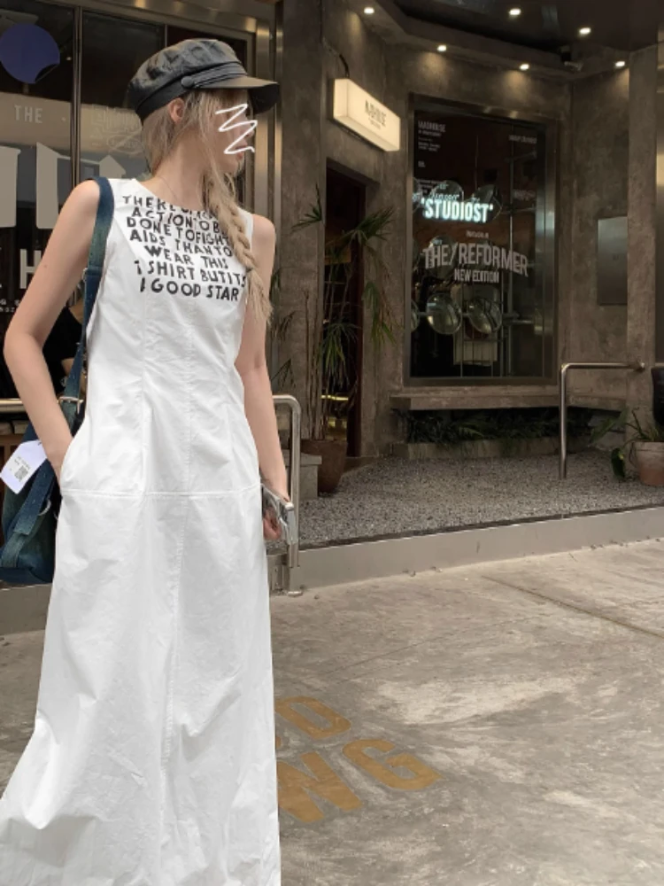 Letter Printed Women Dresses Solid Color Sleeveless Summer Comfortable New Arrival Slouchy Commuting Shopper Loose Maxi Ulzzang