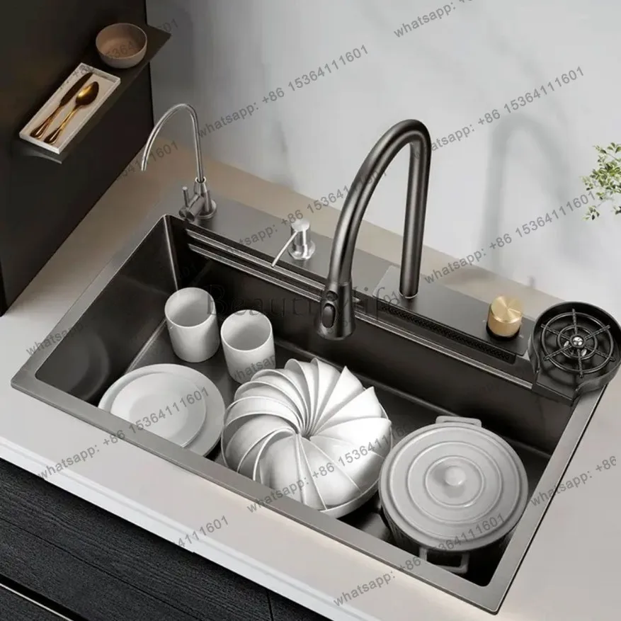 304 stainless steel kitchen sink large single sink household dish basin thickened undercounter black