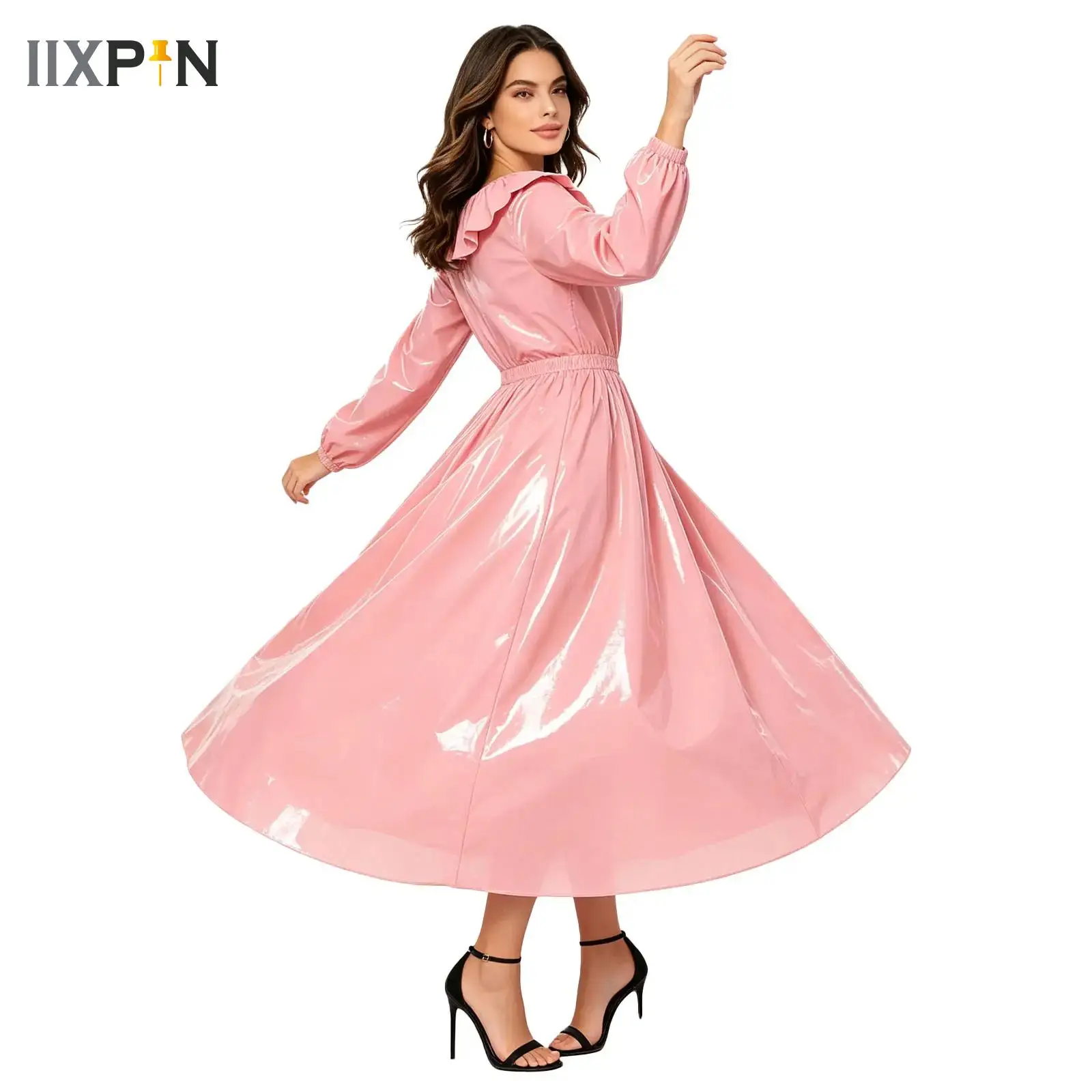 Wasserdichtes Vinylkleid für Damen, Rundhalsausschnitt, Rüschenbesatz, lange Ärmel, tailliert, ausgestellter Saum, Midikleid, glänzend, für Rave-Partys und Clubwear