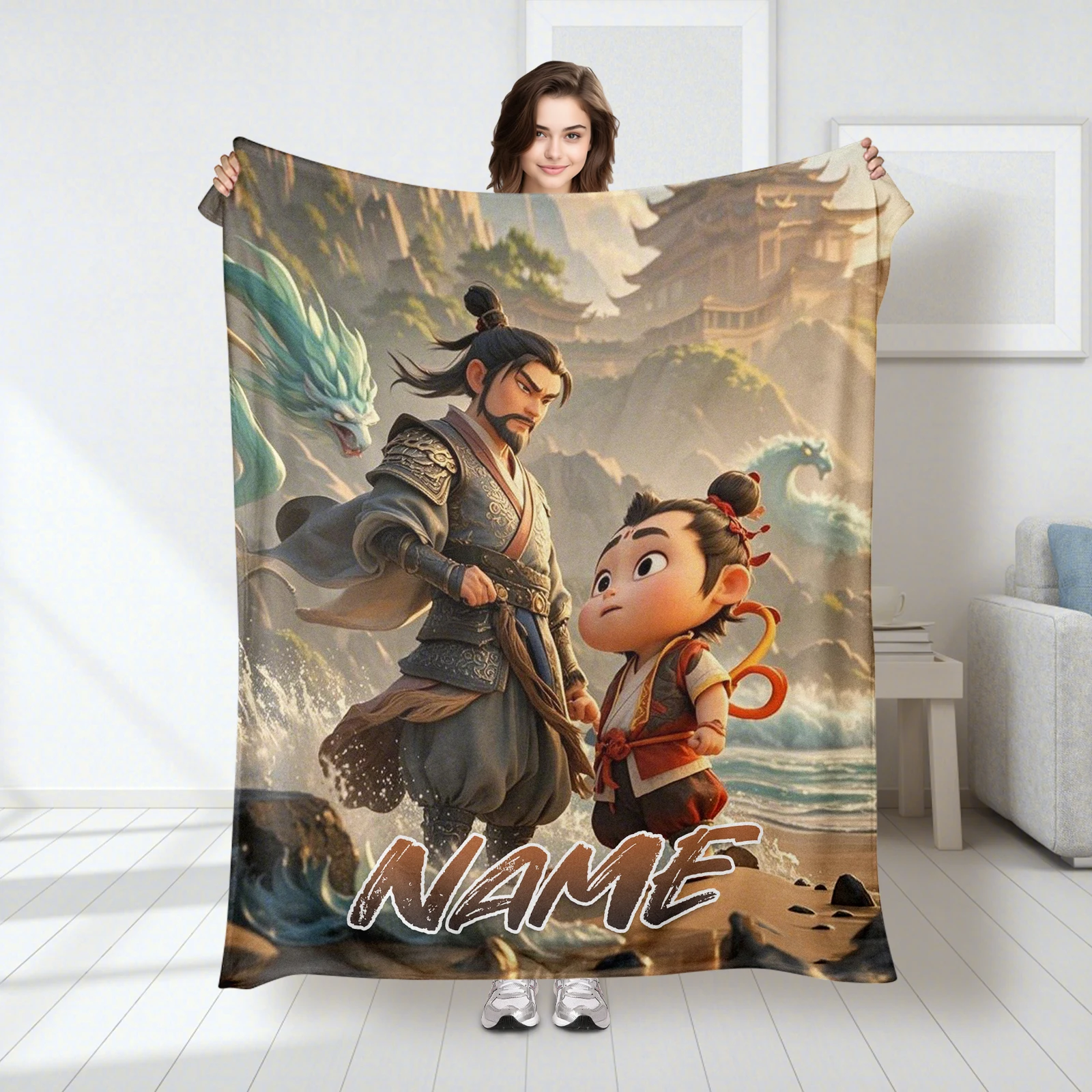 

Family Celebration Flannel Blanket Featuring Nezha Cartoon And One Customizable Message Of Love