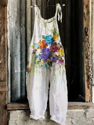 Women Jumpsuits Summer Overalls Boho Vintage Print Square Neck Sleeveless Casual Rompers Pockets Wide-Leg Pants Womans Playsuit