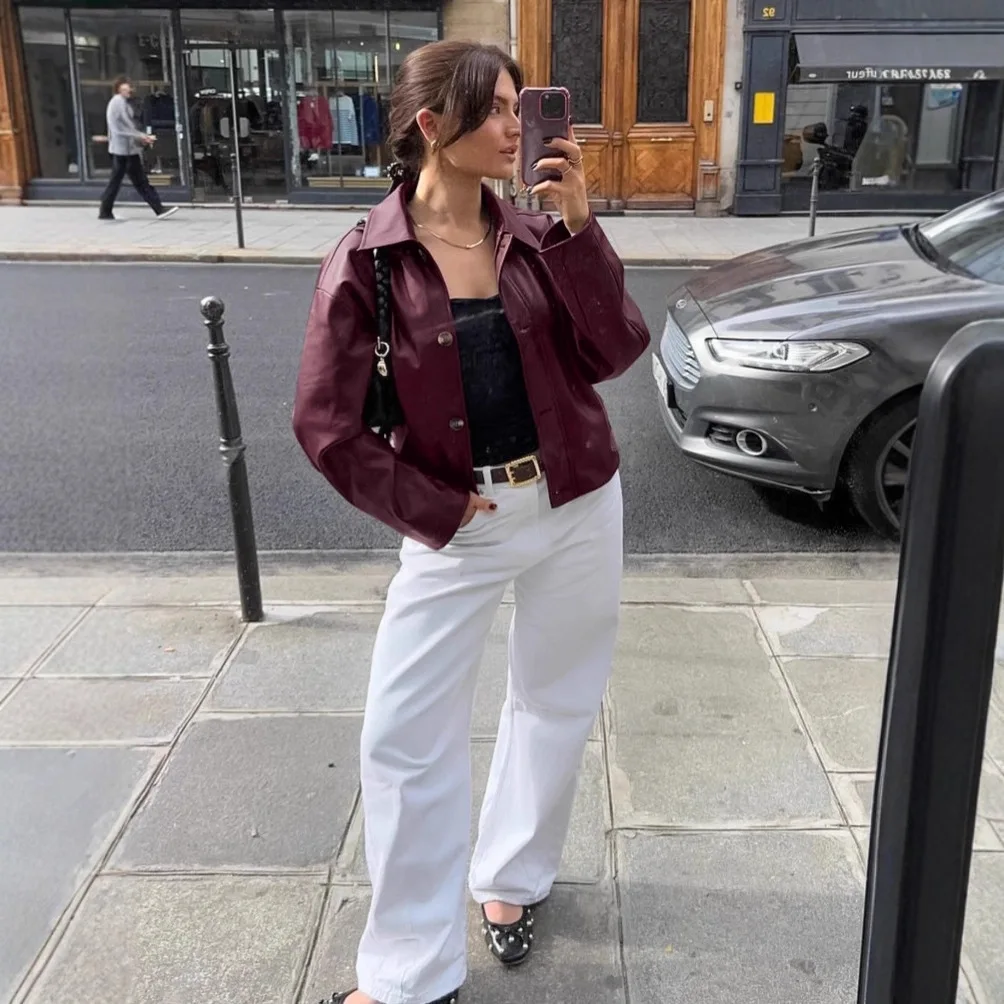 2025 New Lapel PU Leather Jacket Women's Autumn and Winter Short Loose American Retro Motorcycle Jacket