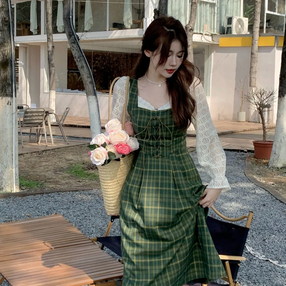 

Sweet Green Fake Two-piece Dress Lace Flower Hollow out Long Sleeve Dress Lace up Patchwork Plaid Long Dress Summer