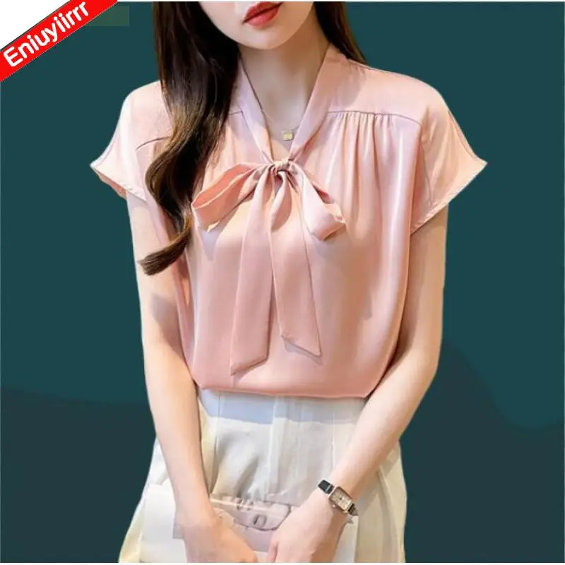 S-2XL Hot Sales 2023 Summer Elegant Office Lady Work Basic Bow Tie Shirts Casual Retro Vintage Pink Tops Blouses