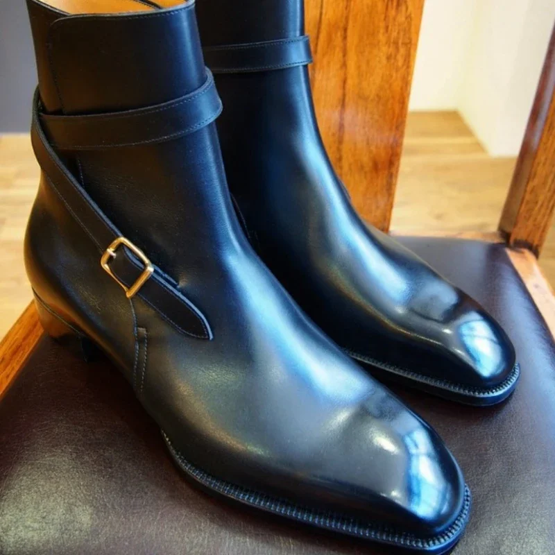 New Red Buckle Men\'s Boots Black Brown Ankle Boots Square Toe Business Handmade Men Shoes Bottes Pour Hommes