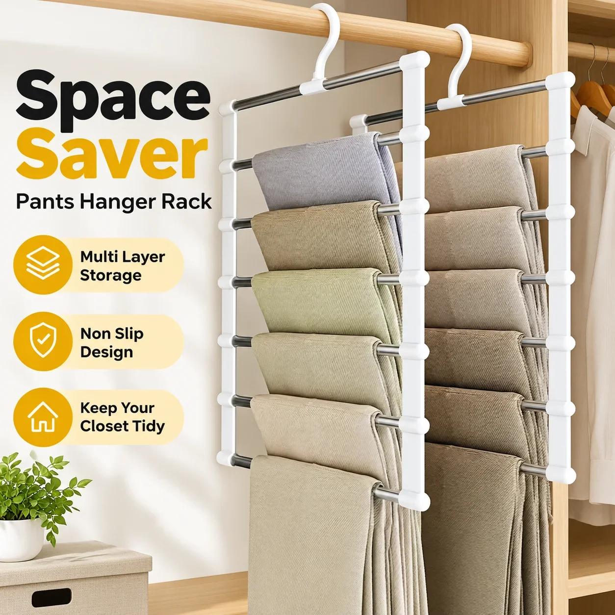 Foldable Multi Layer Pants Hanger Rack Non Slip Space Saving Closet Organizer for Trousers Wardrobe Storage