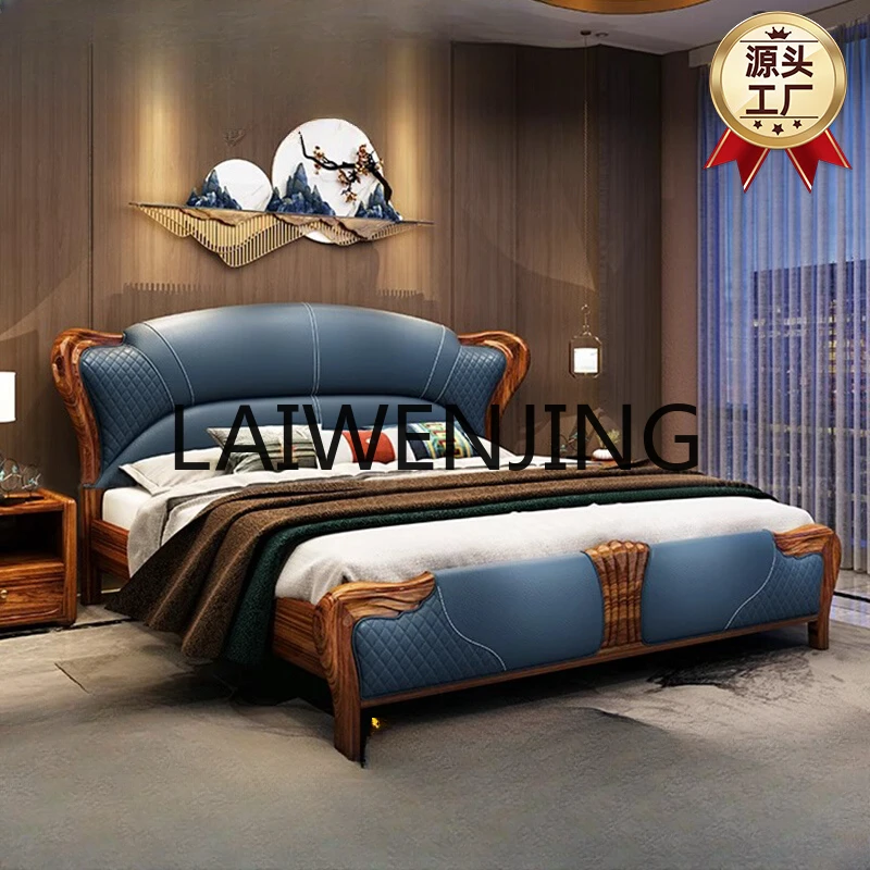 Ebony wood furniture new Chinese master bedroom headboard soft bag 1.8 meters double leather bed