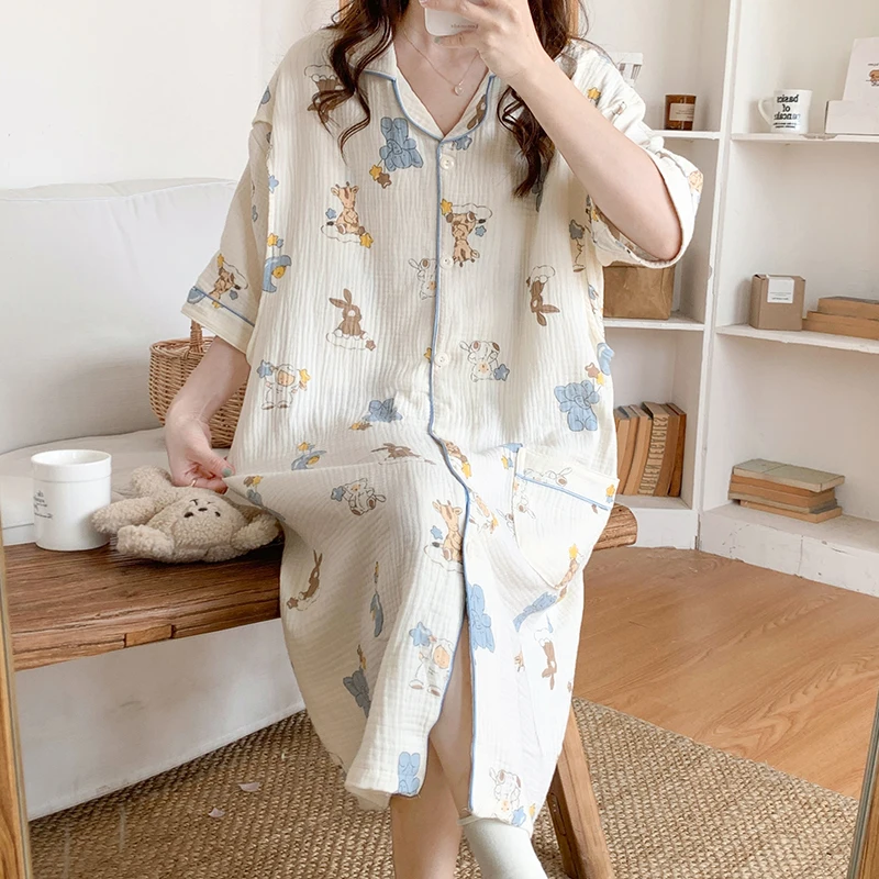 100% Cotton Double Gauze Nursing Nightdress for Maternity Summer Soft Thin Floral Printed Sleepwear Pregnancy Home Hospital Wear