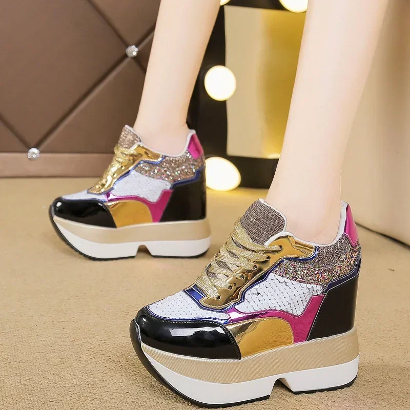 2024 Fashion White Sneakers Women\'s Platform Wedge Casual Shoes Height Increasi Shoe 10 CM Thick Sole Chunky Sequins Lady Autumn