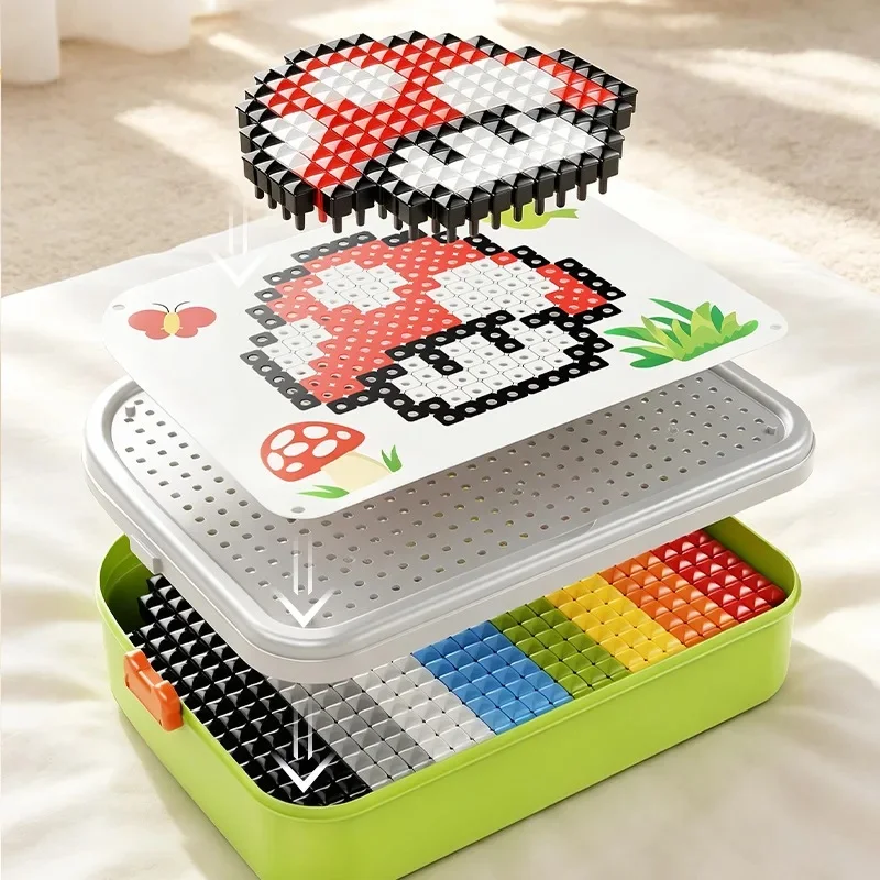 Creative Mushroom Nail Pixel Puzzle Toy Set, DIY Early Learning Educational Kit with Cartoon Themed Cards, Parent-Child Interact