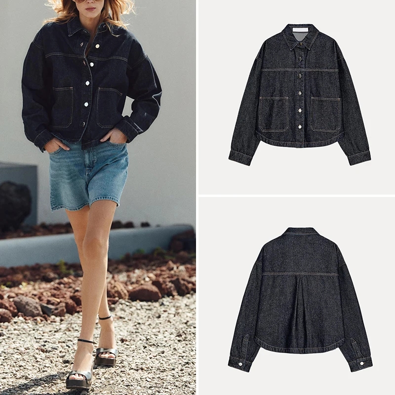 

Z Women's Faion Denim Jaet with kets Versatile Outerwear ort Coat Polyester Fiber 2025 New Sle Summer Season